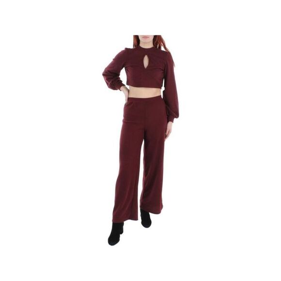 ALMOST FAMOUS Pants - ALMOST FAMOUS Womens Burgundy Ribbed Balloon Crop Top Top Wide Leg Pants Sets L
